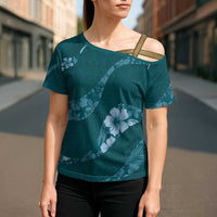 Aloha Hawaii Floral Tapa Cross Shoulder Shirt Patchwork Teal LT7 - Polynesian Pride