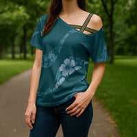 Aloha Hawaii Floral Tapa Cross Shoulder Shirt Patchwork Teal LT7 - Polynesian Pride