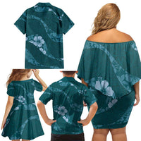 Aloha Hawaii Floral Tapa Family Matching Off Shoulder Short Dress and Hawaiian Shirt Patchwork Teal - Polynesian Pride