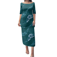 Aloha Hawaii Floral Tapa Family Matching Puletasi and Hawaiian Shirt Patchwork Teal LT7 Mom's Dress Teal - Polynesian Pride