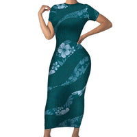Aloha Hawaii Floral Tapa Family Matching Short Sleeve Bodycon Dress and Hawaiian Shirt Patchwork Teal - Polynesian Pride