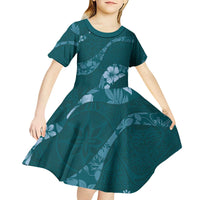 Aloha Hawaii Floral Tapa Kid Short Sleeve Dress Patchwork Teal - Polynesian Pride