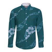 Aloha Hawaii Floral Tapa Long Sleeve Button Shirt Patchwork Teal LT7 Unisex Teal - Polynesian Pride