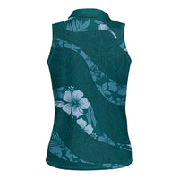 Aloha Hawaii Floral Tapa Women Sleeveless Polo Shirt Patchwork Teal LT7 - Polynesian Pride
