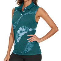 Aloha Hawaii Floral Tapa Women Sleeveless Polo Shirt Patchwork Teal LT7 - Polynesian Pride