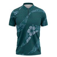 Aloha Hawaii Floral Tapa Zipper Polo Shirt Patchwork Teal LT7 Teal - Polynesian Pride
