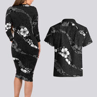Aloha Hawaii Floral Tapa Couples Matching Long Sleeve Bodycon Dress and Hawaiian Shirt Patchwork Charcoal - Polynesian Pride