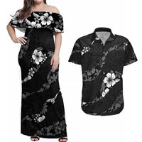 Aloha Hawaii Floral Tapa Couples Matching Off Shoulder Maxi Dress and Hawaiian Shirt Patchwork Charcoal - Polynesian Pride