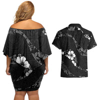 Aloha Hawaii Floral Tapa Couples Matching Off Shoulder Short Dress and Hawaiian Shirt Patchwork Charcoal - Polynesian Pride
