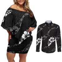 Aloha Hawaii Floral Tapa Couples Matching Off Shoulder Short Dress and Long Sleeve Button Shirt Patchwork Charcoal - Polynesian Pride