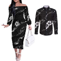 Aloha Hawaii Floral Tapa Couples Matching Off The Shoulder Long Sleeve Dress and Long Sleeve Button Shirt Patchwork Charcoal - Polynesian Pride