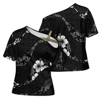 Aloha Hawaii Floral Tapa Cross Shoulder Shirt Patchwork Charcoal LT7 - Polynesian Pride