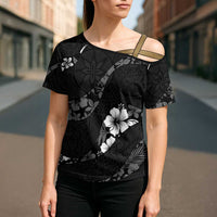 Aloha Hawaii Floral Tapa Cross Shoulder Shirt Patchwork Charcoal LT7 - Polynesian Pride