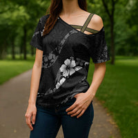 Aloha Hawaii Floral Tapa Cross Shoulder Shirt Patchwork Charcoal LT7 - Polynesian Pride