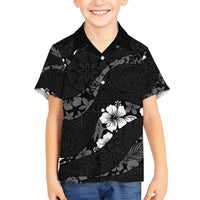 Aloha Hawaii Floral Tapa Family Matching Off Shoulder Short Dress and Hawaiian Shirt Patchwork Charcoal - Polynesian Pride