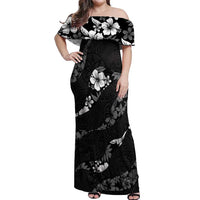 Aloha Hawaii Floral Tapa Off Shoulder Maxi Dress Patchwork Charcoal - Polynesian Pride