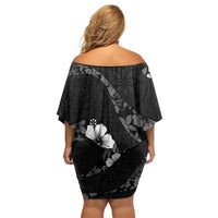 Aloha Hawaii Floral Tapa Off Shoulder Short Dress Patchwork Charcoal - Polynesian Pride