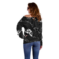 Aloha Hawaii Floral Tapa Off Shoulder Sweater Patchwork Charcoal - Polynesian Pride