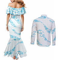 Aloha Hawaii Floral Tapa Couples Matching Mermaid Dress and Long Sleeve Button Shirt Patchwork Turquoise - Polynesian Pride