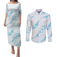 Aloha Hawaii Floral Tapa Couples Matching Puletasi and Long Sleeve Button Shirt Patchwork Turquoise LT7 Turquoise - Polynesian Pride