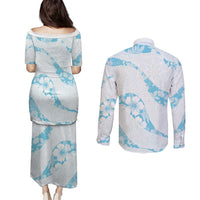 Aloha Hawaii Floral Tapa Couples Matching Puletasi and Long Sleeve Button Shirt Patchwork Turquoise LT7 - Polynesian Pride