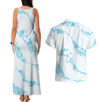Aloha Hawaii Floral Tapa Couples Matching Tank Maxi Dress and Hawaiian Shirt Patchwork Turquoise - Polynesian Pride