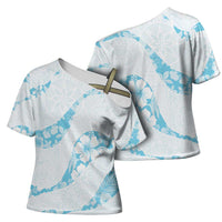 Aloha Hawaii Floral Tapa Cross Shoulder Shirt Patchwork Turquoise LT7 - Polynesian Pride