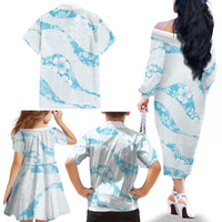 Aloha Hawaii Floral Tapa Family Matching Off The Shoulder Long Sleeve Dress and Hawaiian Shirt Patchwork Turquoise - Polynesian Pride