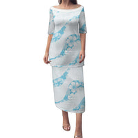 Aloha Hawaii Floral Tapa Family Matching Puletasi and Hawaiian Shirt Patchwork Turquoise LT7 Mom's Dress Turquoise - Polynesian Pride