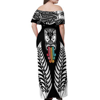 Personalised Kia Kaha Te Reo Maori Off Shoulder Maxi Dress Hei Tiki Mix Koru - Black LT7 - Polynesian Pride