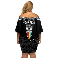 Personalised Kia Kaha Te Reo Maori Off Shoulder Short Dress Hei Tiki Mix Koru - Black LT7 - Polynesian Pride