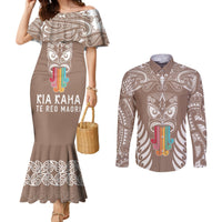 Personalised Kia Kaha Te Reo Maori Couples Matching Mermaid Dress and Long Sleeve Button Shirts Hei Tiki Mix Koru - Brown LT7 Brown - Polynesian Pride
