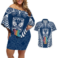 personalised-kia-kaha-te-reo-maori-couples-matching-off-shoulder-short-dress-and-hawaiian-shirt-hei-tiki-mix-koru-navy-blue