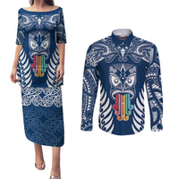 Personalised Kia Kaha Te Reo Maori Couples Matching Puletasi Dress and Long Sleeve Button Shirts Hei Tiki Mix Koru - Navy Blue LT7 Navy - Polynesian Pride