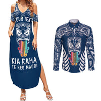 personalised-kia-kaha-te-reo-maori-couples-matching-summer-maxi-dress-and-long-sleeve-button-shirts-hei-tiki-mix-koru-navy-blue