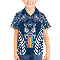 Personalised Kia Kaha Te Reo Maori Kid Hawaiian Shirt Hei Tiki Mix Koru - Navy Blue LT7 - Polynesian Pride