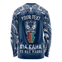 Personalised Kia Kaha Te Reo Maori Long Sleeve Shirt Hei Tiki Mix Koru - Navy Blue LT7 - Polynesian Pride