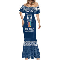 Personalised Kia Kaha Te Reo Maori Mermaid Dress Hei Tiki Mix Koru - Navy Blue LT7 - Polynesian Pride
