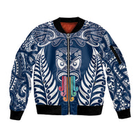 Personalised Kia Kaha Te Reo Maori Sleeve Zip Bomber Jacket Hei Tiki Mix Koru - Navy Blue LT7 Unisex Navy - Polynesian Pride