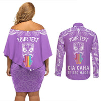 Personalised Kia Kaha Te Reo Maori Couples Matching Off Shoulder Short Dress and Long Sleeve Button Shirts Hei Tiki Mix Koru - Purple LT7 - Polynesian Pride