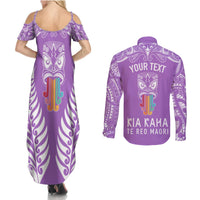 personalised-kia-kaha-te-reo-maori-couples-matching-summer-maxi-dress-and-long-sleeve-button-shirts-hei-tiki-mix-koru-purple