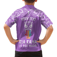 Personalised Kia Kaha Te Reo Maori Kid Hawaiian Shirt Hei Tiki Mix Koru - Purple LT7 - Polynesian Pride