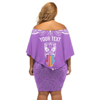 Personalised Kia Kaha Te Reo Maori Off Shoulder Short Dress Hei Tiki Mix Koru - Purple LT7 - Polynesian Pride