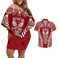 personalised-kia-kaha-te-reo-maori-couples-matching-off-shoulder-short-dress-and-hawaiian-shirt-hei-tiki-mix-koru-red