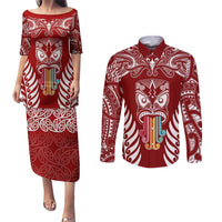 Personalised Kia Kaha Te Reo Maori Couples Matching Puletasi Dress and Long Sleeve Button Shirts Hei Tiki Mix Koru - Red LT7 Red - Polynesian Pride