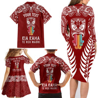 personalised-kia-kaha-te-reo-maori-family-matching-long-sleeve-bodycon-dress-and-hawaiian-shirt-hei-tiki-mix-koru-red