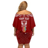 Personalised Kia Kaha Te Reo Maori Off Shoulder Short Dress Hei Tiki Mix Koru - Red LT7 - Polynesian Pride