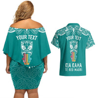 Personalised Kia Kaha Te Reo Maori Couples Matching Off Shoulder Short Dress and Hawaiian Shirt Hei Tiki Mix Koru - Teal LT7 - Polynesian Pride