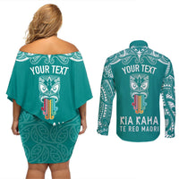 personalised-kia-kaha-te-reo-maori-couples-matching-off-shoulder-short-dress-and-long-sleeve-button-shirts-hei-tiki-mix-koru-teal