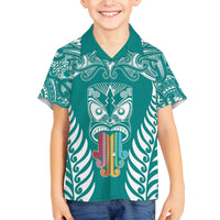 Personalised Kia Kaha Te Reo Maori Kid Hawaiian Shirt Hei Tiki Mix Koru - Teal LT7 - Polynesian Pride